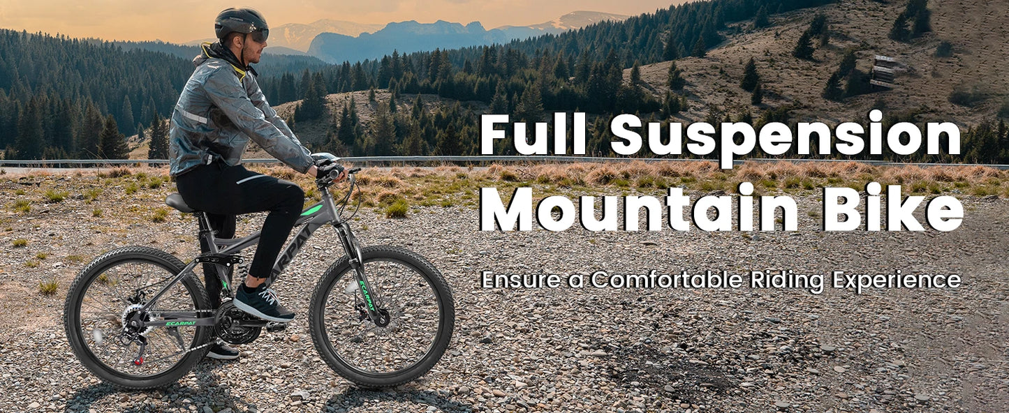 Ecarpat Dual Full Suspension Mountain Bike, 24/26/27.5-Inch Wheels, 21-Speed Disc Brake Bicycle