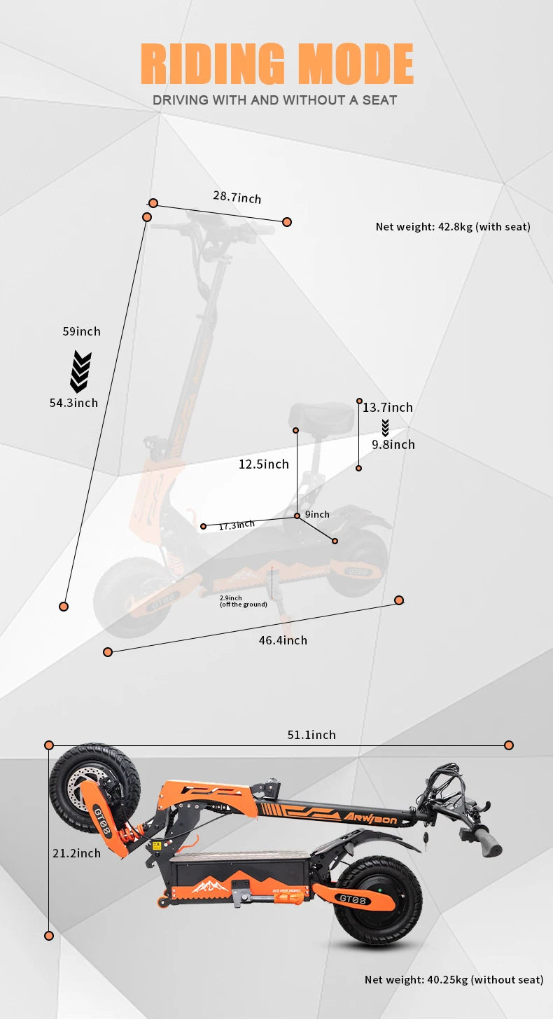 Arwibon GT08 Electric Scooter 5600W Dual Motor, 46MPH Top Speed, 60V 27Ah Battery, 11" Off-Road Tires