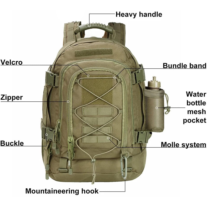 LQARMY 65L Tactical Backpack, Expandable Military MOLLE Rucksack for Hiking, Camping & Travel