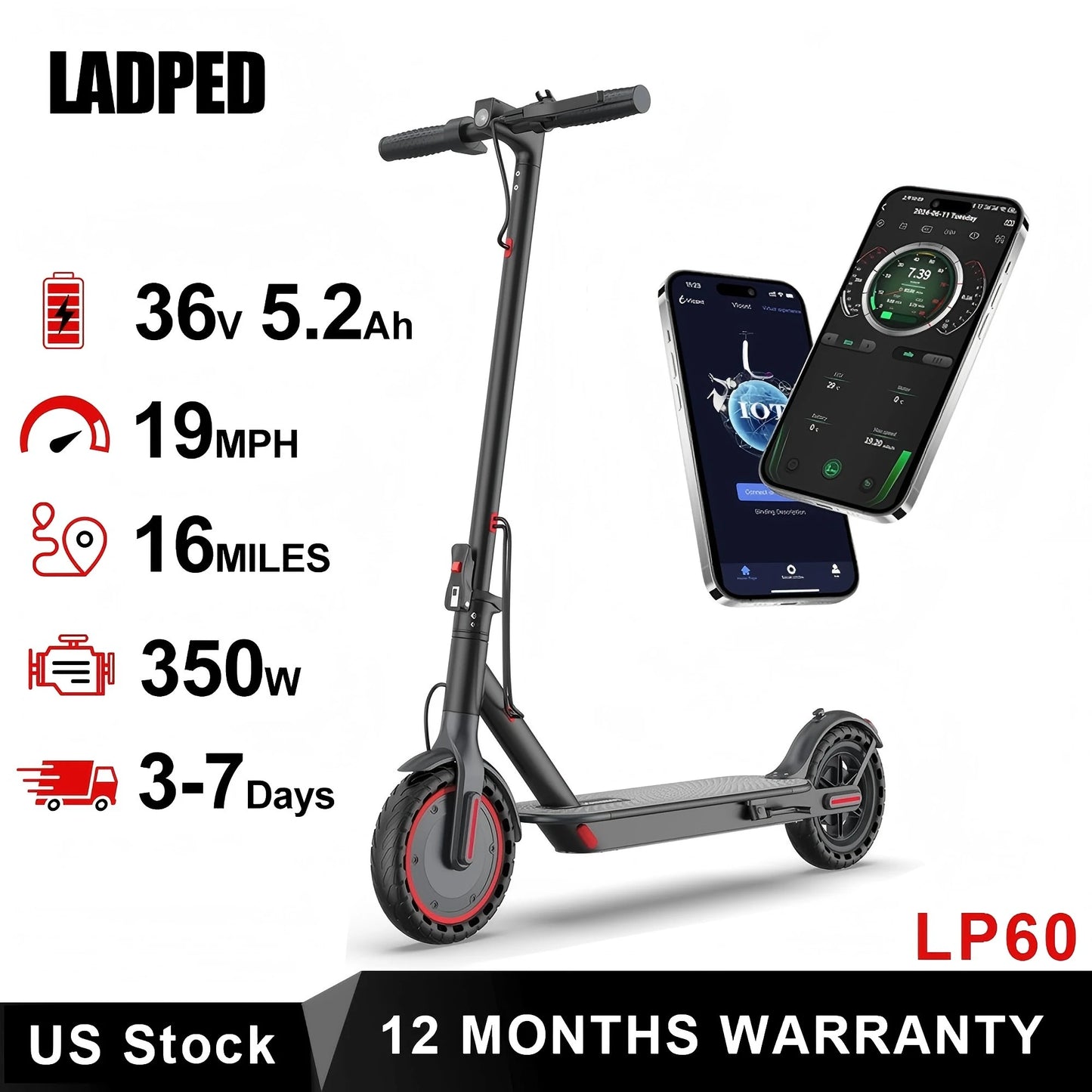 LADPED LP60 Electric Scooter – 350W Motor, 19MPH Top Speed & 16-Mile Range