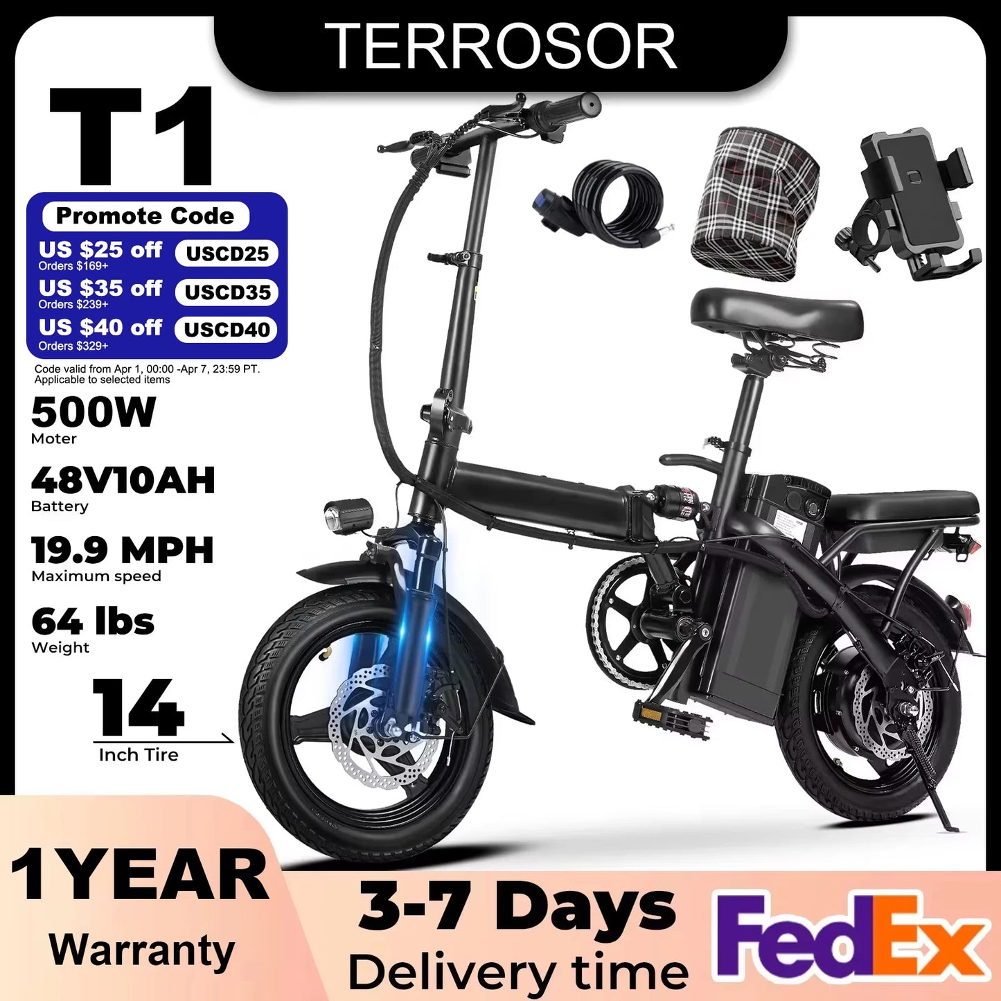 TERROSOR T1 Folding Electric Bike – 500W Motor, 48V 10.4Ah Battery & 22-Mile Range
