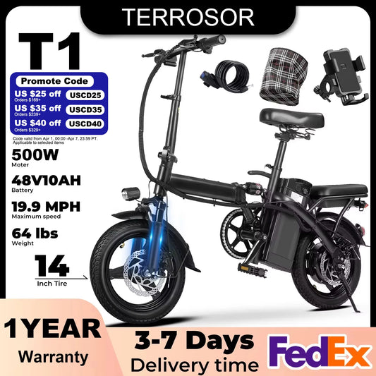 TERROSOR T1 Folding Electric Bike – 500W Motor, 48V 10.4Ah Battery & 22-Mile Range