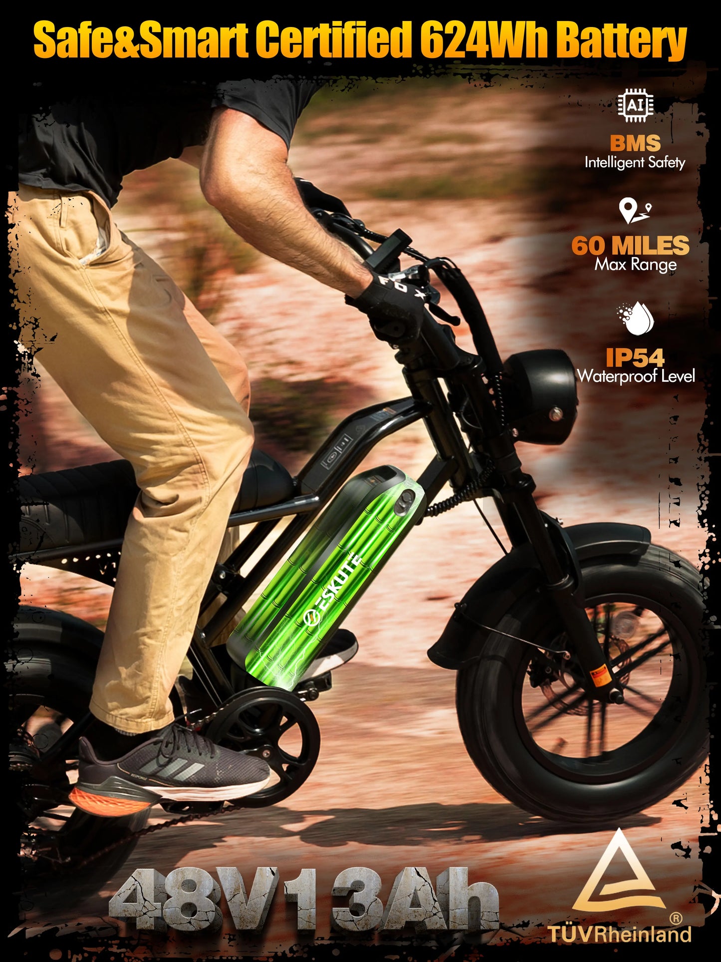 Eskute V100 Electric Bike – 1500W Peak Motor, 48V 13Ah Battery & 28MPH Top Speed
