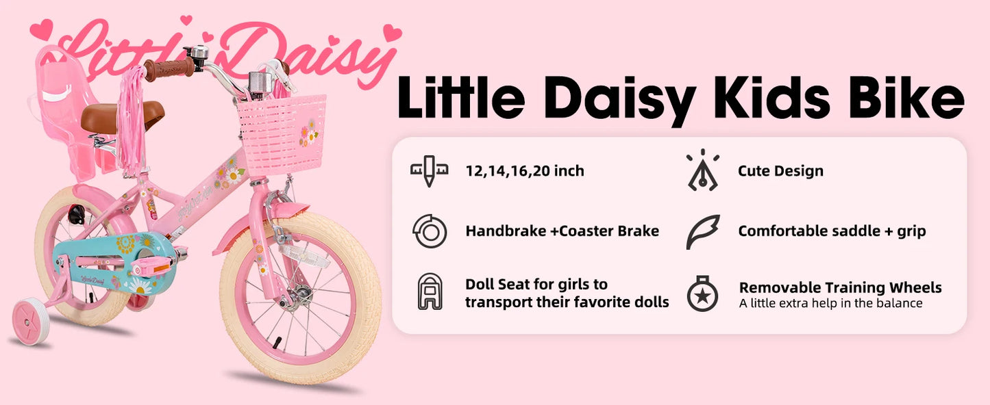 JOYSTAR Little Daisy Kids Bike for Girls Ages 2-7 Years with Doll Seat, Streamers, Flag & Number Plate