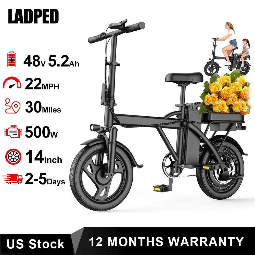 14" Foldable Electric Bike with 500W Motor & Dual Seats