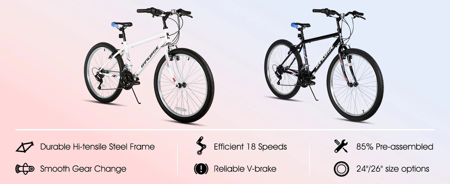 HILAND Mountain Bike, 24/26-Inch Wheels, 18-Speed High-Carbon Steel Frame MTB for Men & Women