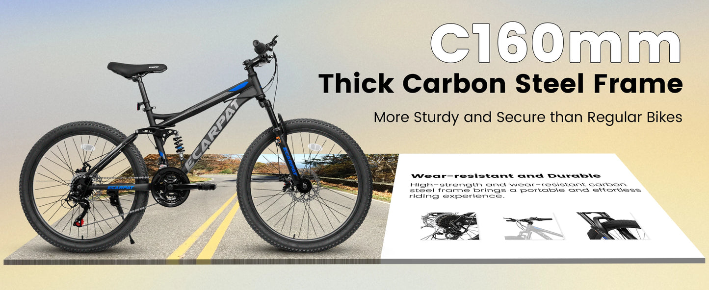 Ecarpat Dual Full Suspension Mountain Bike, 24/26/27.5-Inch Wheels, 21-Speed Disc Brake Bicycle