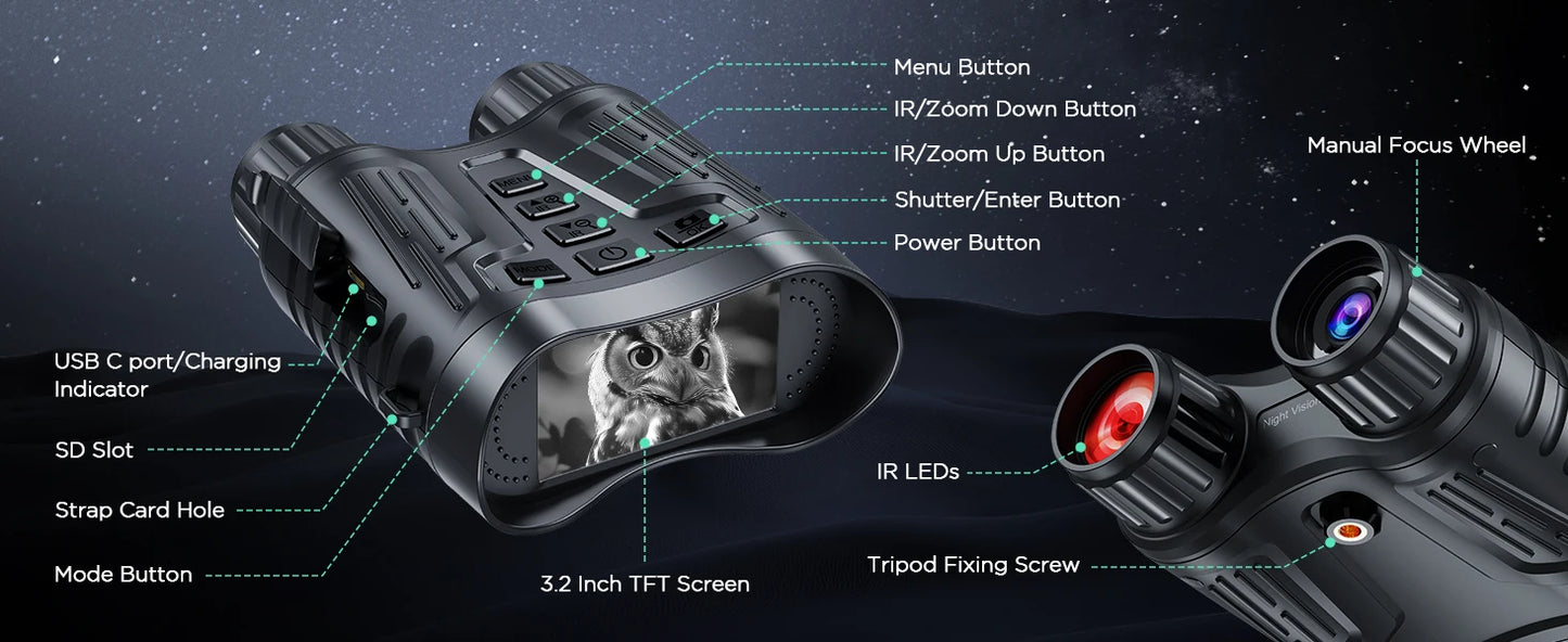Night Vision Binoculars Goggles, 4K HD Video Recording, 8X Digital Zoom & 1000ft Viewing Range