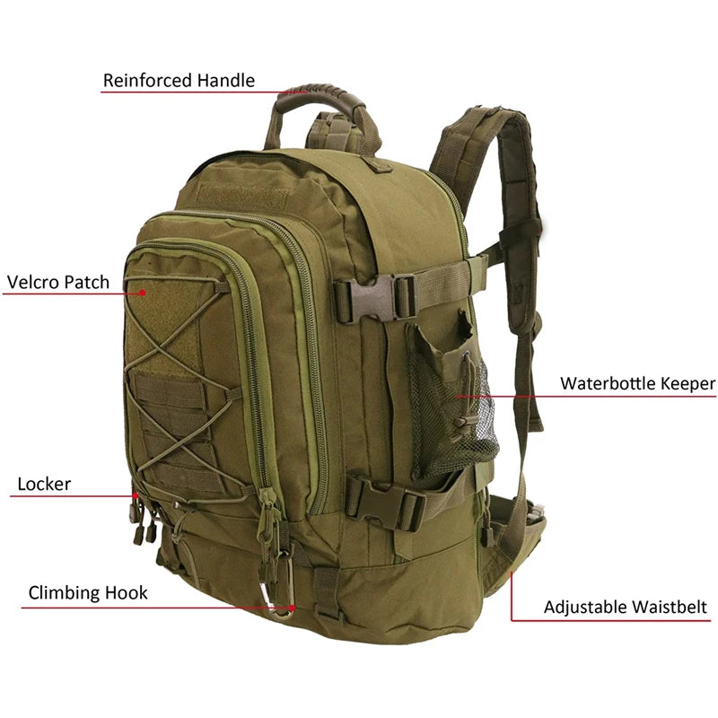 LQARMY 65L Tactical Backpack, Expandable Military MOLLE Rucksack for Hiking, Camping & Travel
