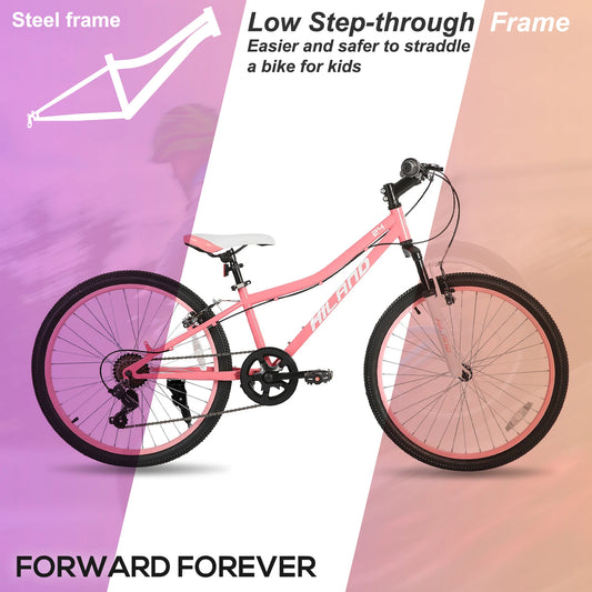 Hiland 24-Inch Mountain Bike for Kids with Front Suspension Fork & Shimano 7-Speed Drivetrain