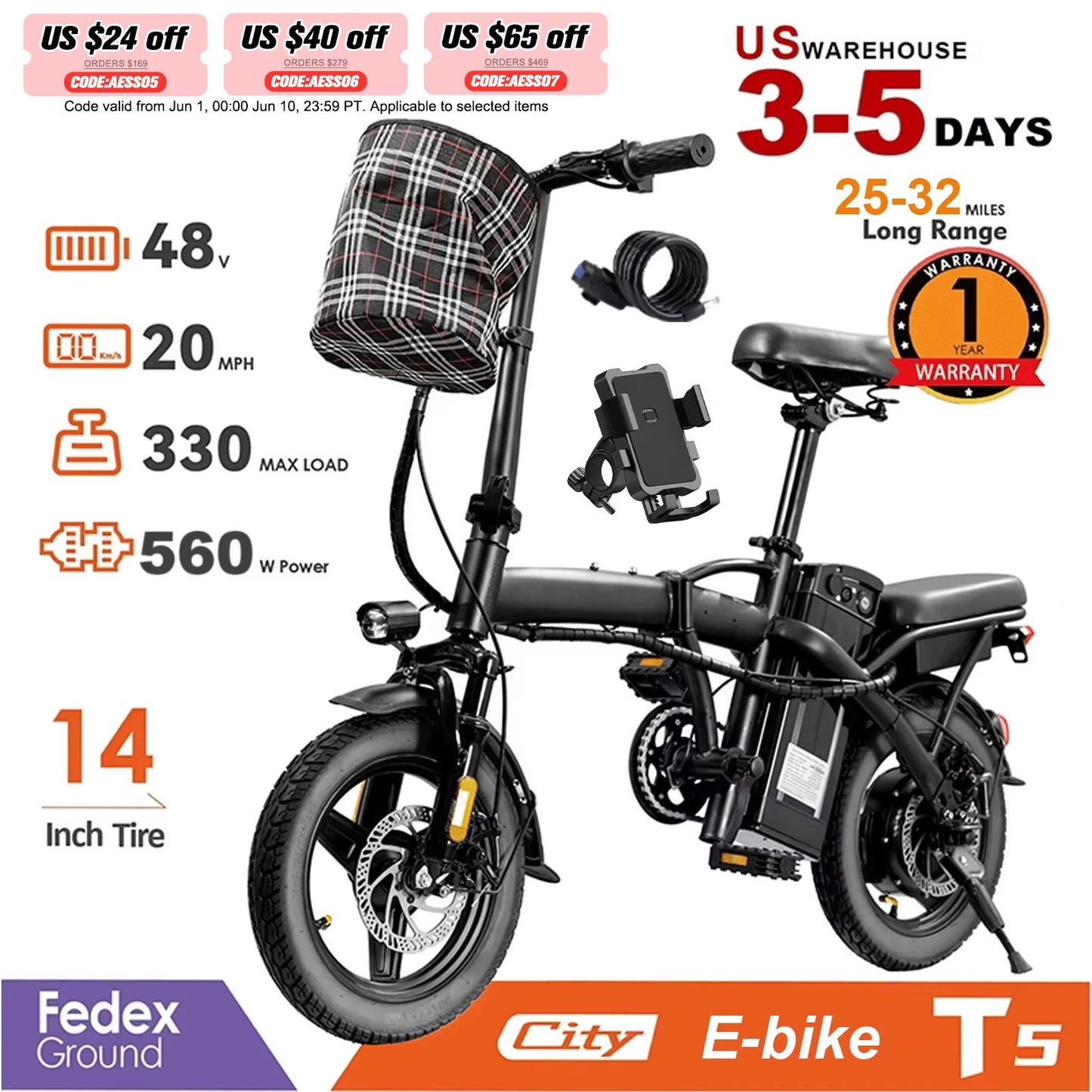 14" Folding Electric Bike with 560W Peak Motor and 32-Mile Range