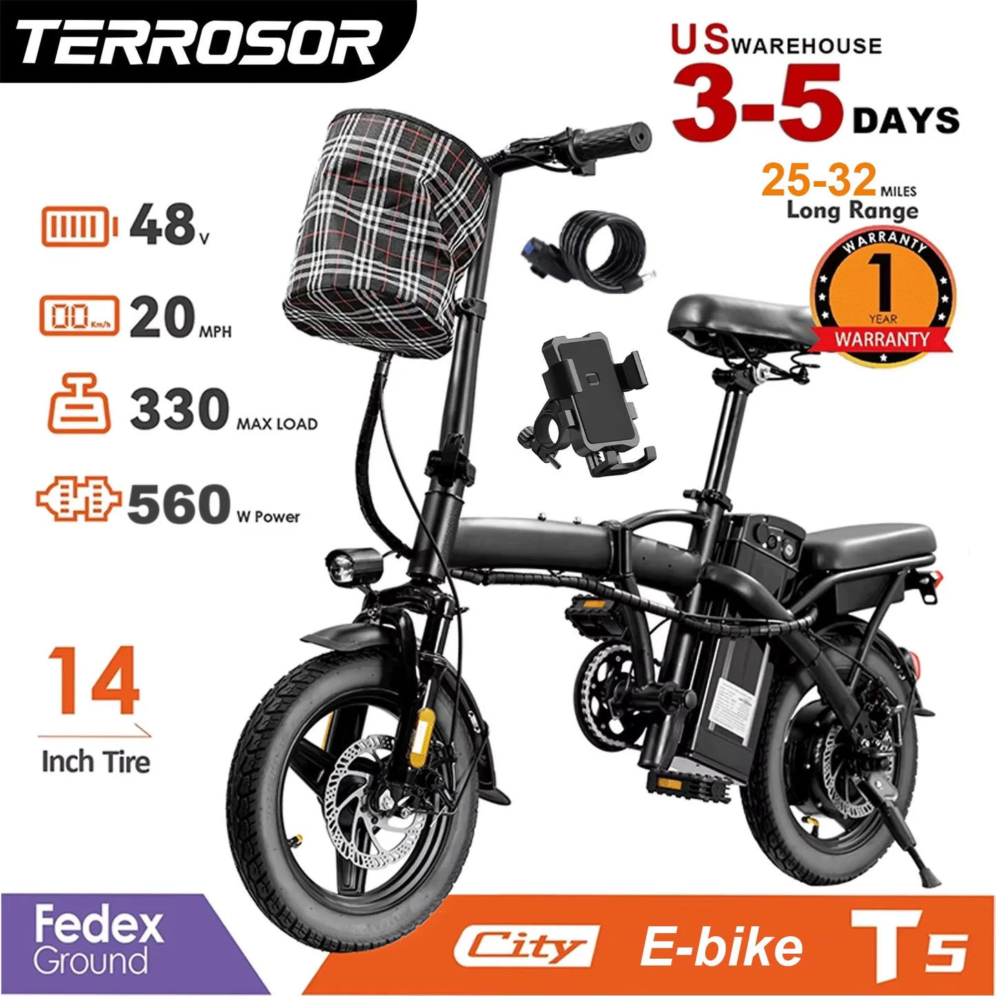 14" Folding Electric Bike with 560W Peak Motor and 32-Mile Range