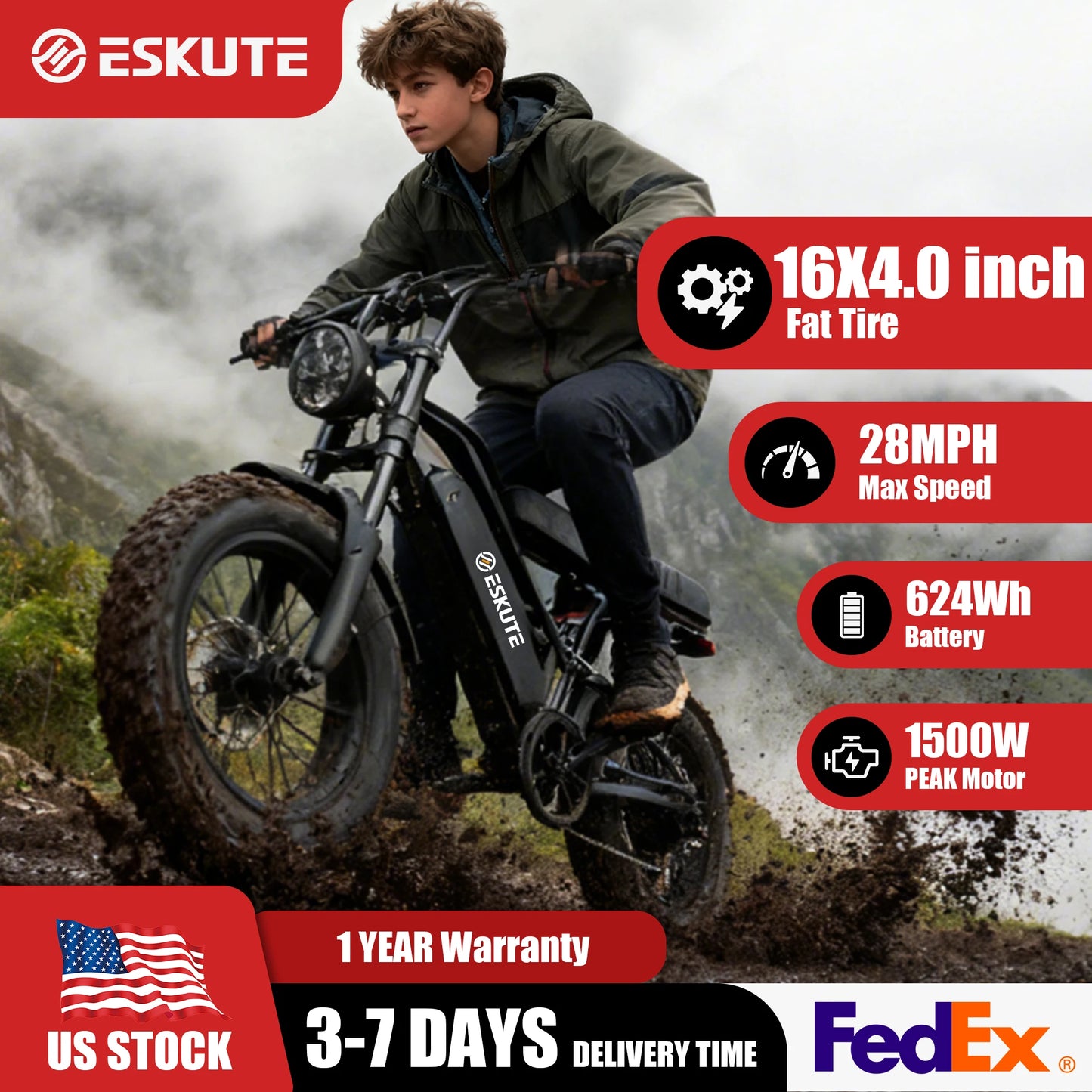 Eskute V100 Electric Bike – 1500W Peak Motor, 48V 13Ah Battery & 28MPH Top Speed