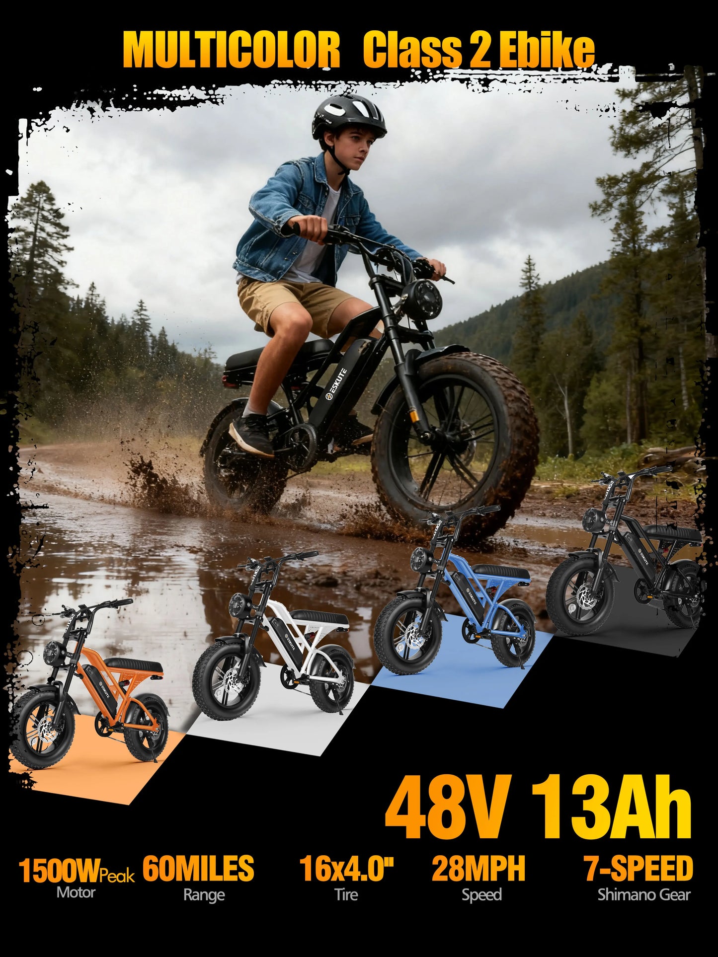 Eskute V100 Electric Bike – 1500W Peak Motor, 48V 13Ah Battery & 28MPH Top Speed