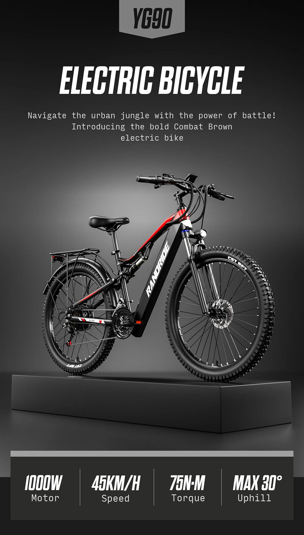 RANDRIDE YG90 Electric Mountain Bike with 1000W Motor and 48V 17Ah Battery