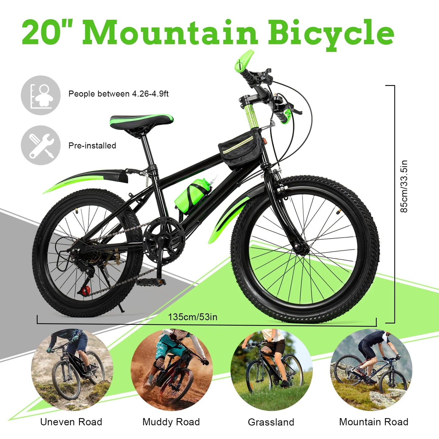 20-Inch Kids Mountain Bike with 7-Speed Gears, Adjustable Seat, Storage Bag & Compass Bell