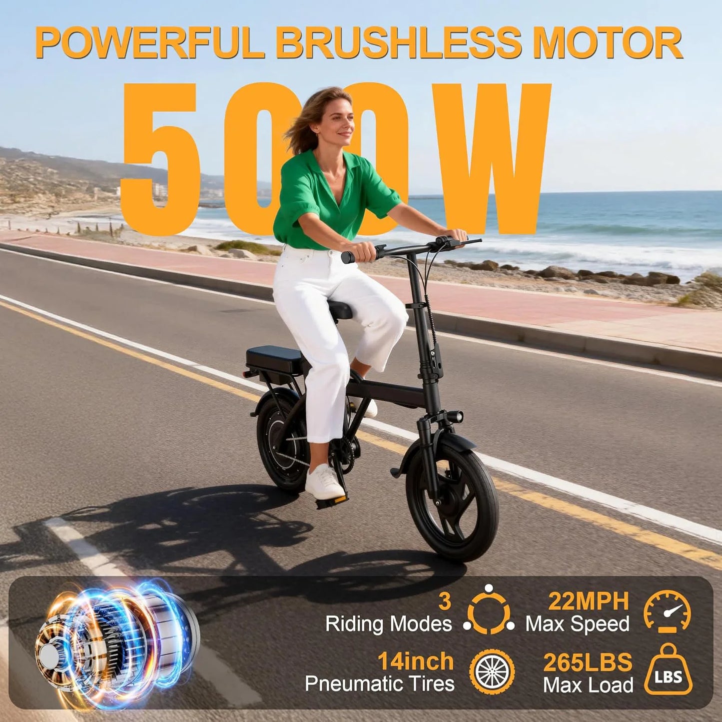 14" Foldable Electric Bike with 500W Motor & Dual Seats
