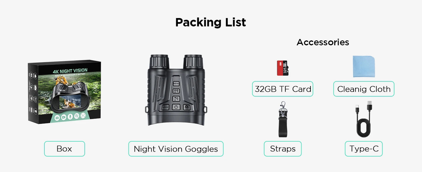 Night Vision Binoculars Goggles, 4K HD Video Recording, 8X Digital Zoom & 1000ft Viewing Range