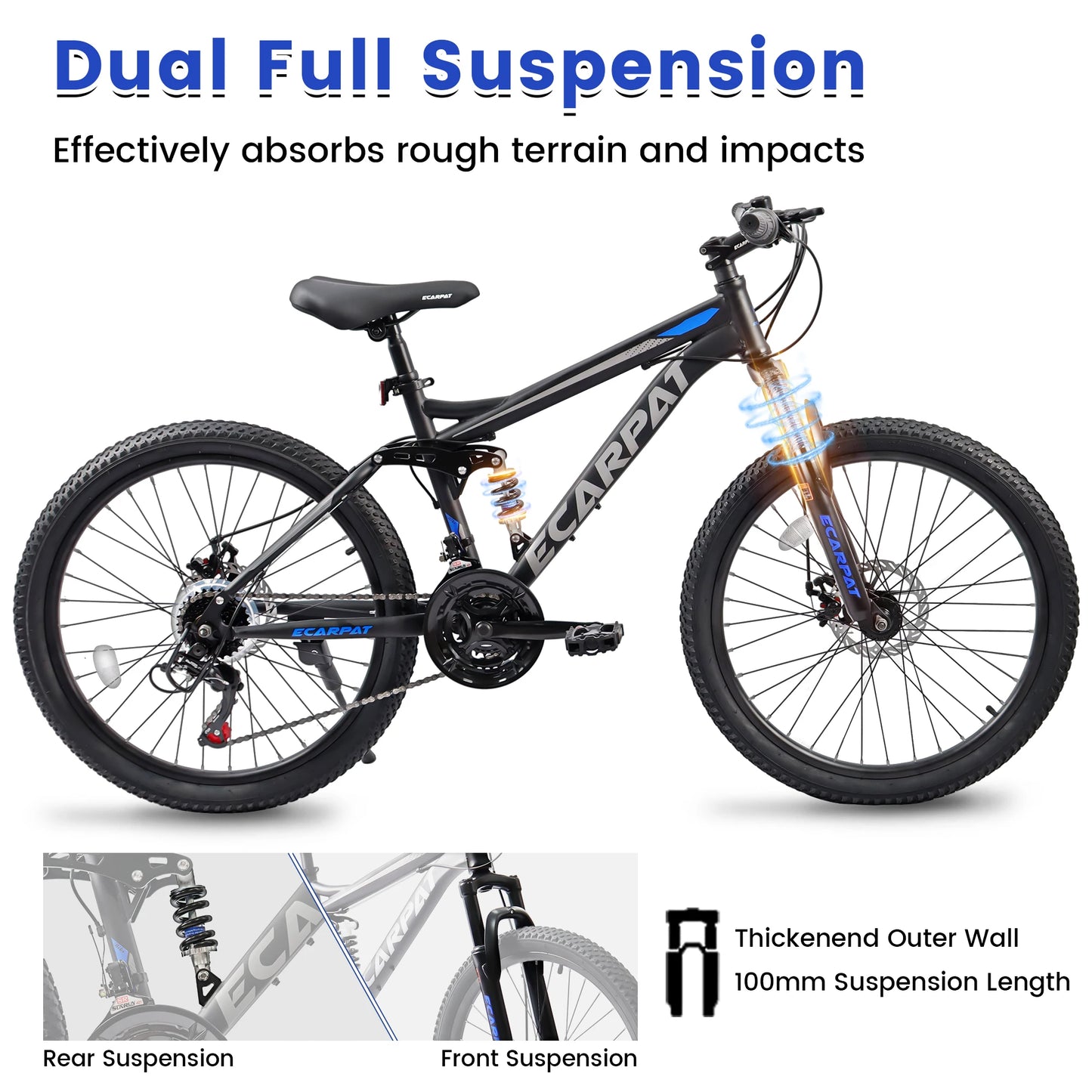 Ecarpat Dual Full Suspension Mountain Bike, 24/26/27.5-Inch Wheels, 21-Speed Disc Brake Bicycle