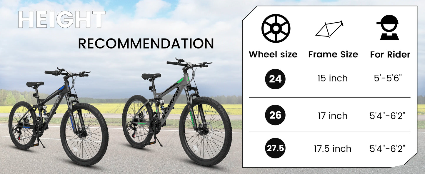 Ecarpat Dual Full Suspension Mountain Bike, 24/26/27.5-Inch Wheels, 21-Speed Disc Brake Bicycle