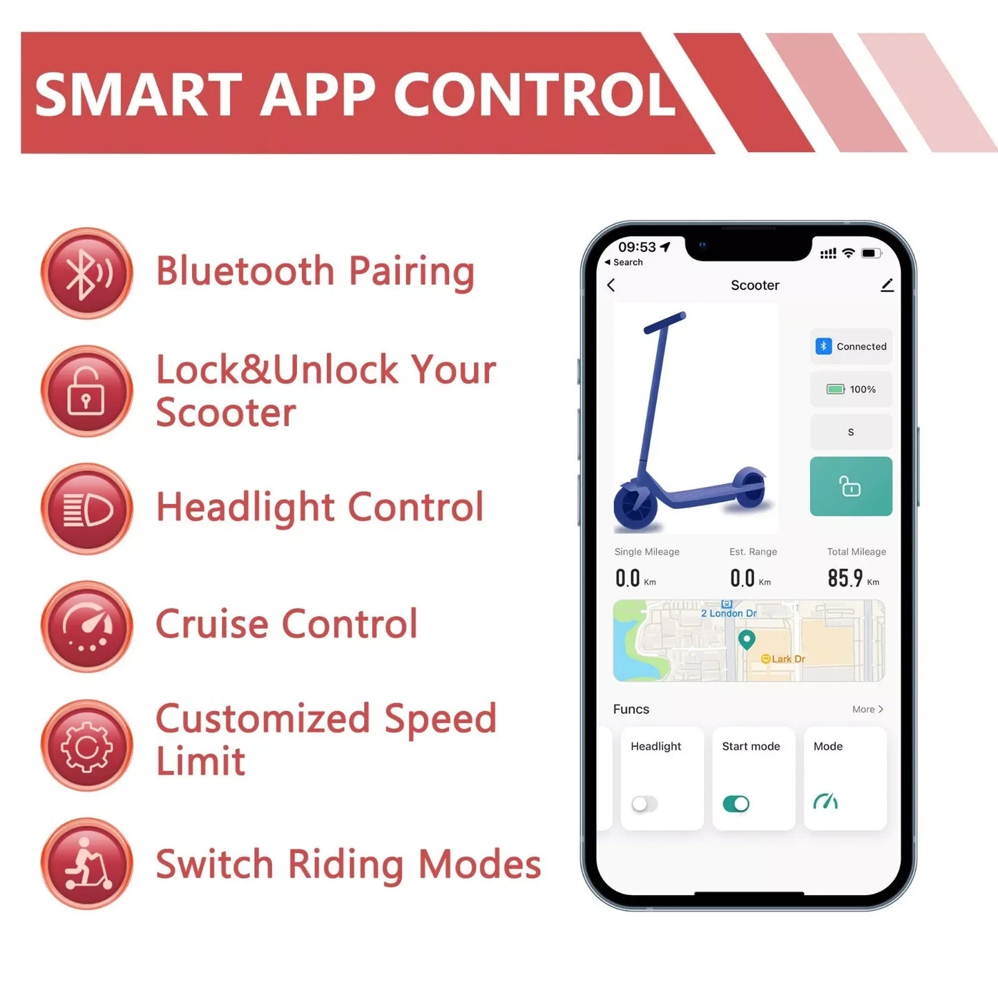 LADPED LP80 Electric Scooter with 350W Motor, 19 MPH Top Speed & Smart App Control
