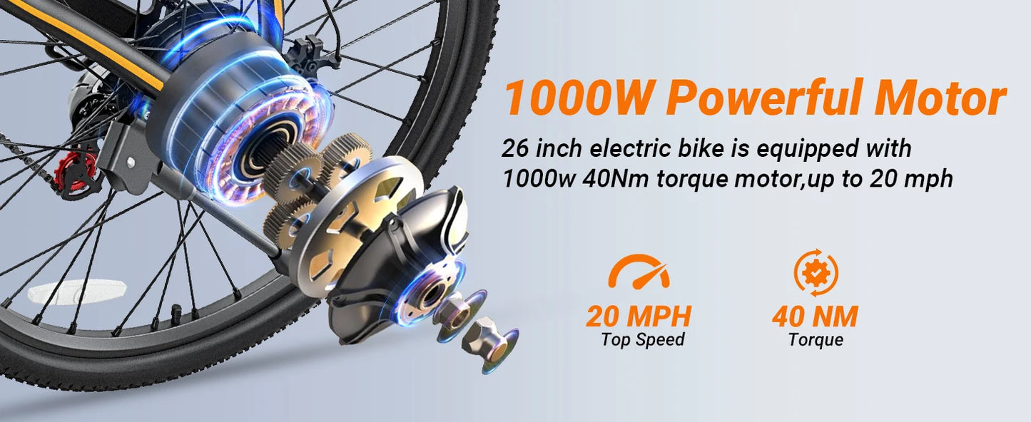 M26 Electric Bike with 1000W Peak Motor and 50-Mile Range