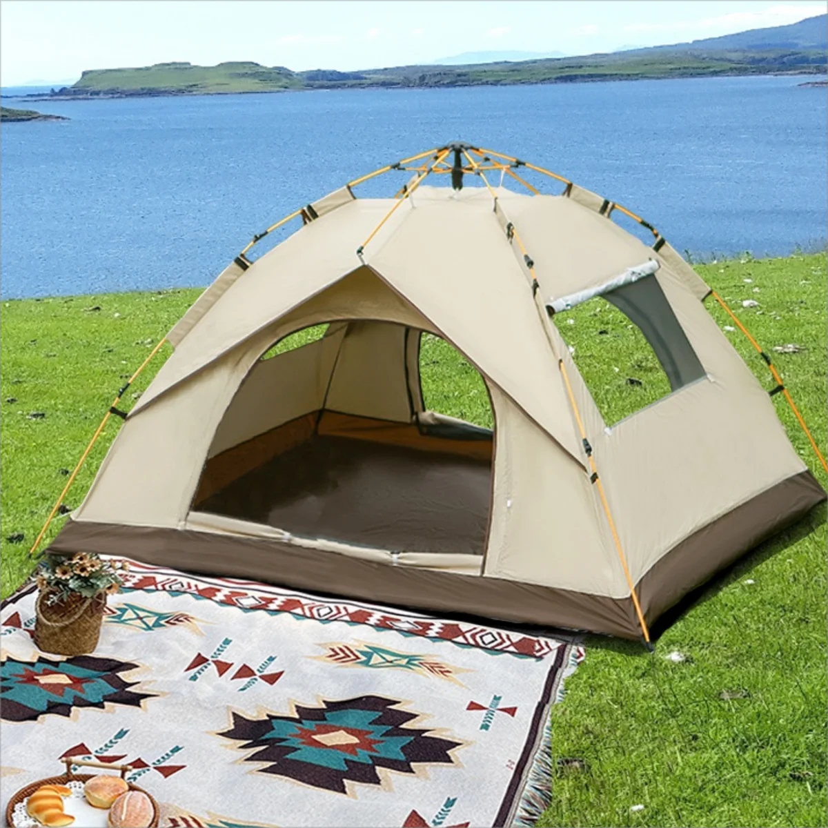 Outdoor Camping Tent, Two-Door Waterproof Shelter with Two Windows for Travel & Camping