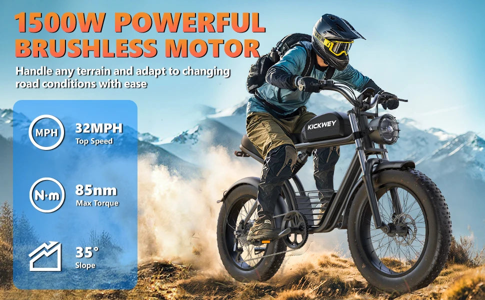 Kickwey K7 Electric Bike – 1500W Peak Motor, 48V 23Ah Battery & 32MPH Top Speed