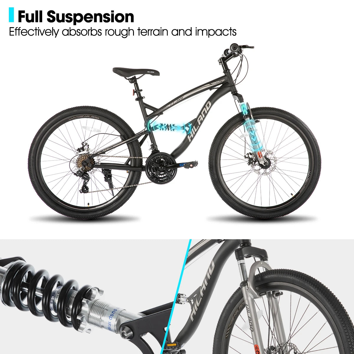Hiland Full Suspension Mountain Bike, 21-Speed, 26-Inch Wheels & Dual Disc Brakes