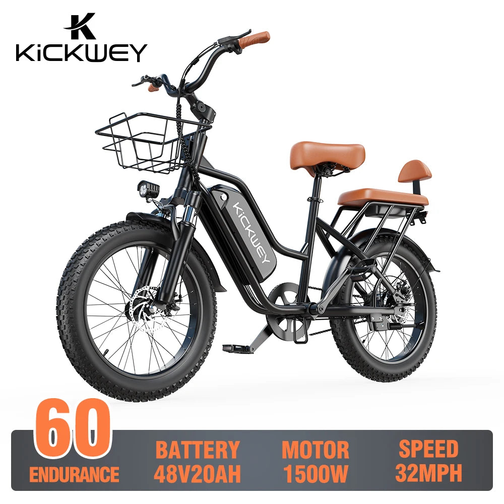 Kickwey LD20 Electric Bike for Adults – 1500W Peak Motor, 48V 20Ah Battery & 50-Mile Range