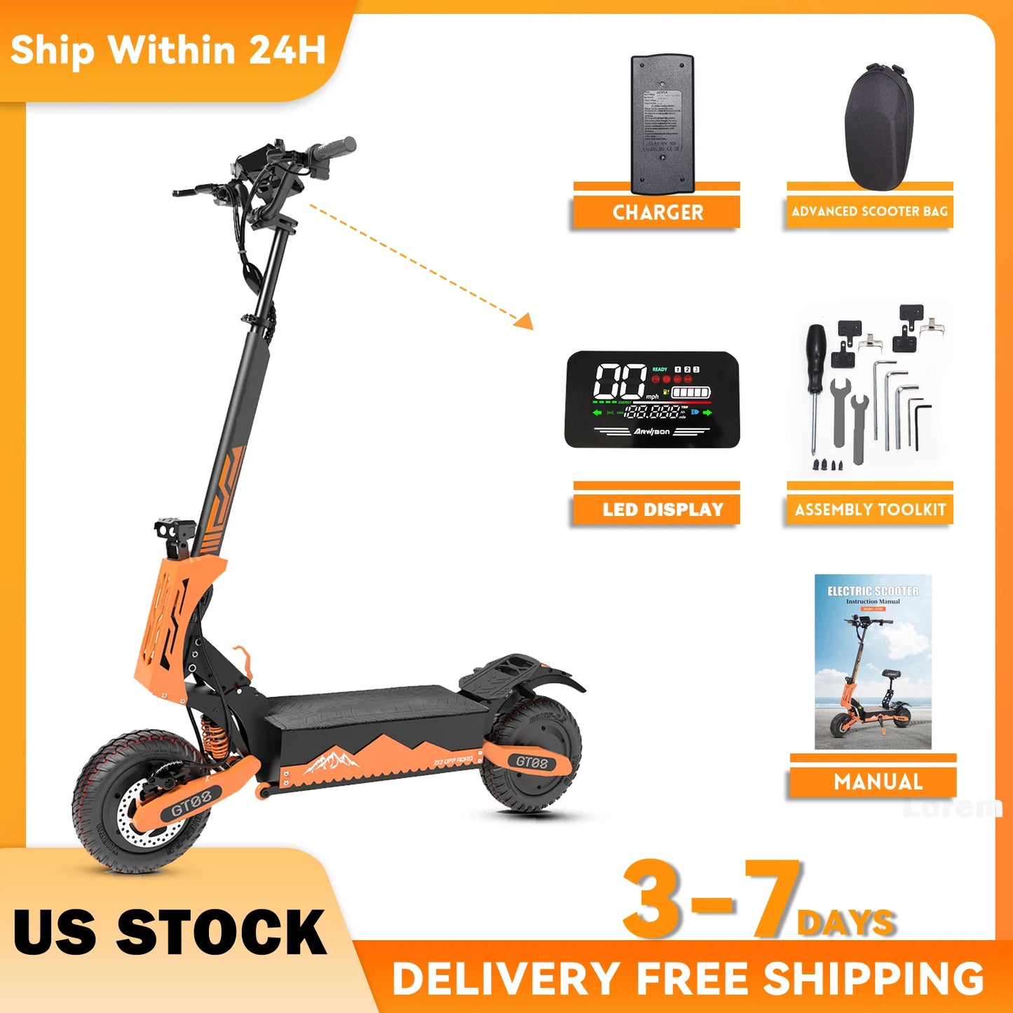 Arwibon GT08 Electric Scooter 5600W Dual Motor, 46MPH Top Speed, 60V 27Ah Battery, 11" Off-Road Tires