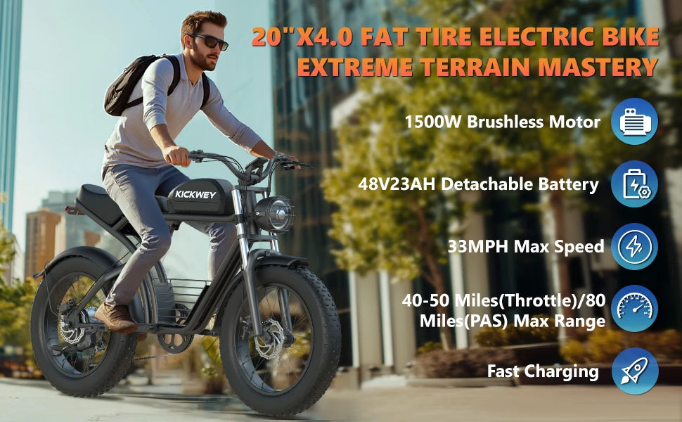 Kickwey K7 Electric Bike – 1500W Peak Motor, 48V 23Ah Battery & 32MPH Top Speed