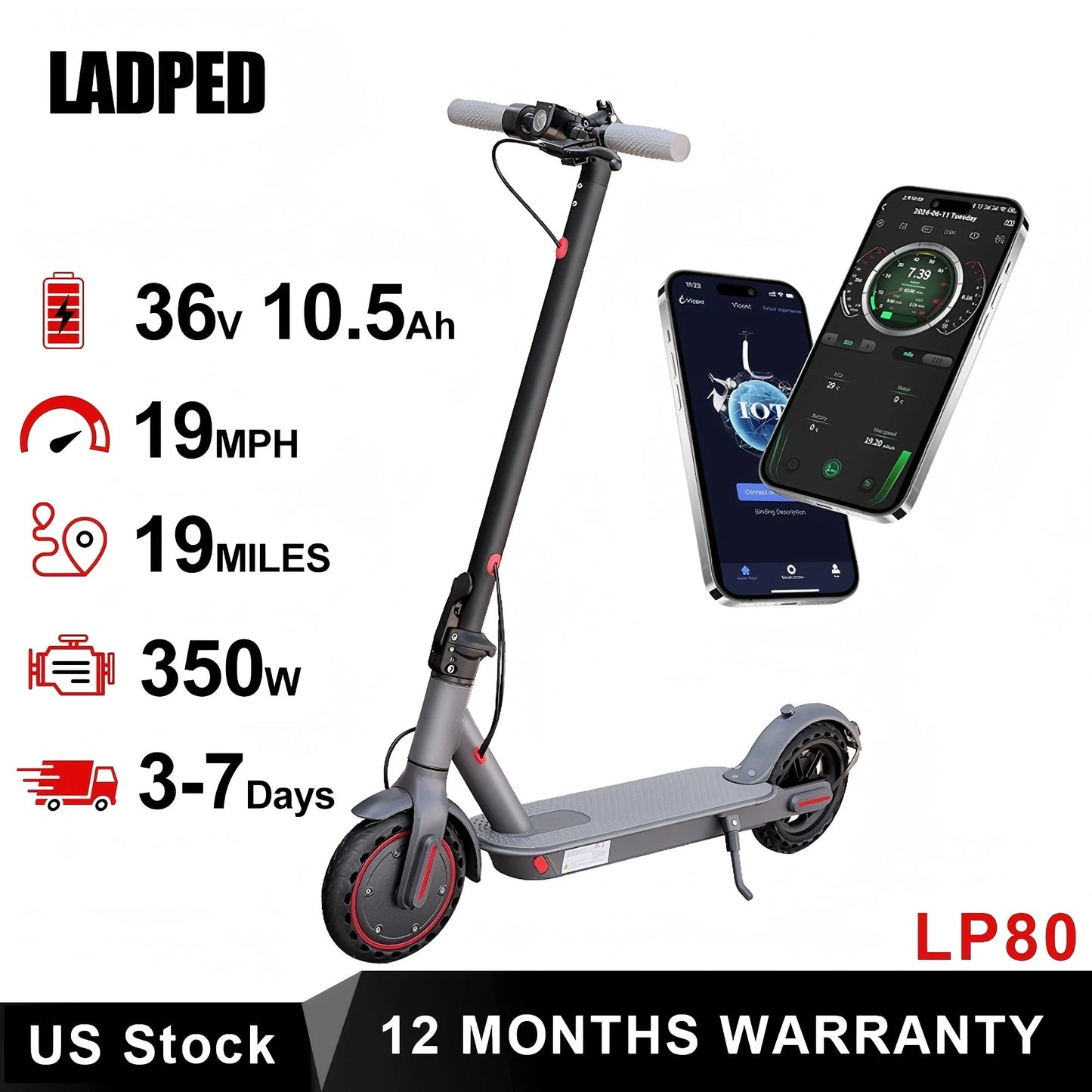 LADPED LP80 Electric Scooter with 350W Motor, 19 MPH Top Speed & Smart App Control