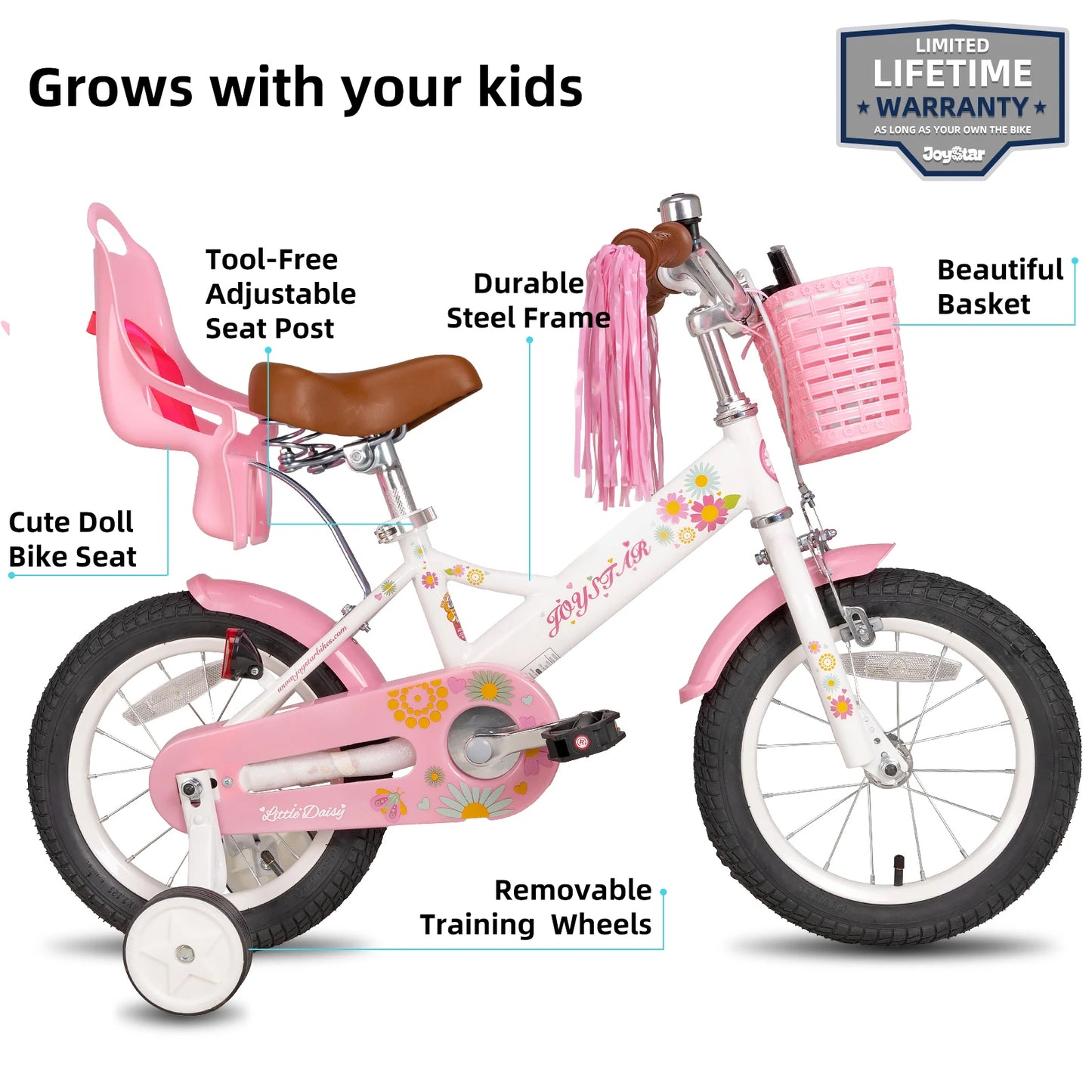 JOYSTAR Little Daisy Kids Bike for Girls Ages 2-7 Years with Doll Seat, Streamers, Flag & Number Plate