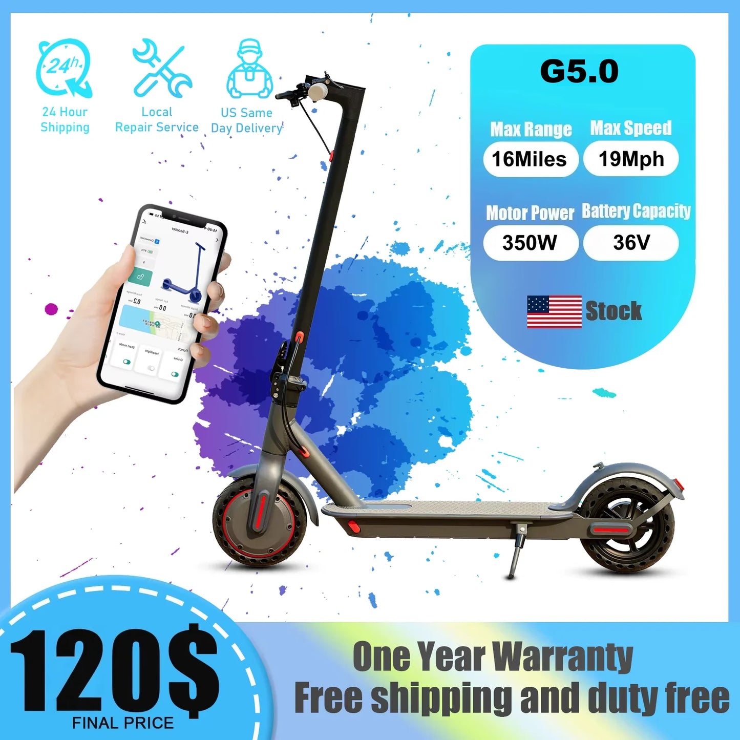 G5.0 Electric Scooter with 350W Motor, 19 MPH Top Speed & 16-Mile Range