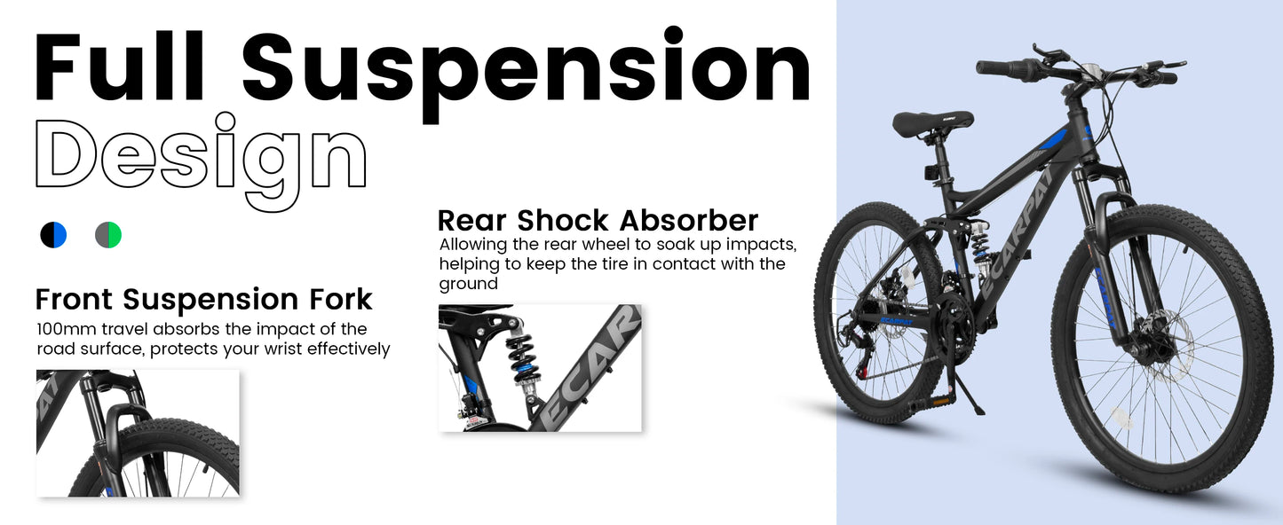 Ecarpat Dual Full Suspension Mountain Bike, 24/26/27.5-Inch Wheels, 21-Speed Disc Brake Bicycle