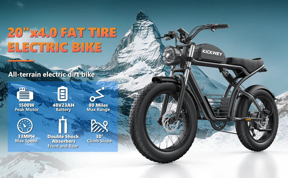 Kickwey K7 Electric Bike – 1500W Peak Motor, 48V 23Ah Battery & 32MPH Top Speed