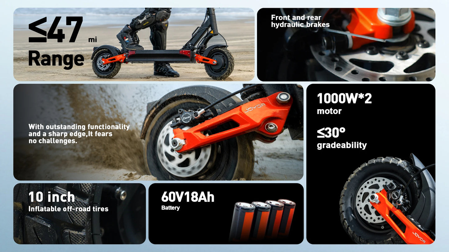 JOYOR T10 Electric Scooter – 2000W Dual Motor, 60V 18Ah Battery & Up to 47 Miles Range