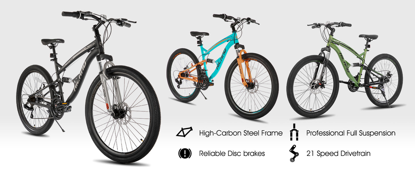 Hiland Full Suspension Mountain Bike, 21-Speed, 26-Inch Wheels & Dual Disc Brakes